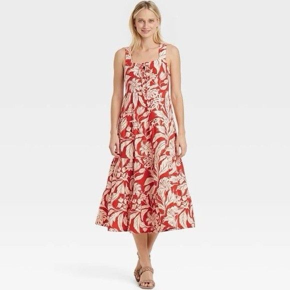 Who What Wear Womens Large Linen Lace Up Midi Tank Dress Red Orange White Floral - Picture 1 of 7